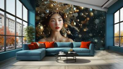 portrait of an asian woman extravagantly dressed in silver and golden haute couture gown, with decoration on her head, ready to celebrate Christmas Wall mural