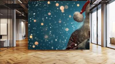 Santa Claus is holding a gift wrapped in red paper with a red bow. He is standing against blurry background with bokeh effects Wall mural