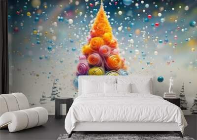 Surreal colorful Christmas tree with snowflakes and small colorful baubles flying around. Season greetings concept. Generative AI Wall mural