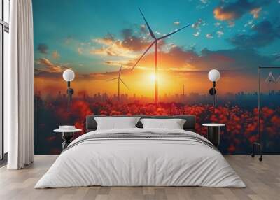 A wind turbine on blue sky background with shining sun. Generative AI Wall mural