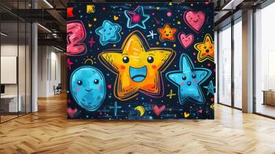 Background with playful kids' doodles, including stars, hearts, and smiley faces, perfect for a fun and cheerful setting. Generative AI Wall mural