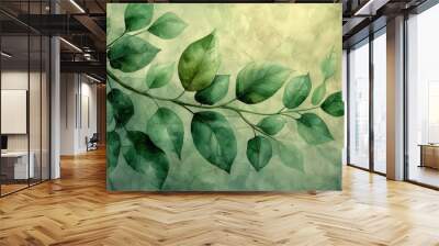 Green botanical and plant pattern on a pastel green watercolor background. Generative AI Wall mural