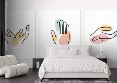 Hands gestures continuous line posters. Charity, support, care abstract vector illustrations. Wall mural