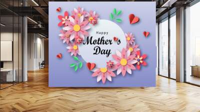 Mother s day text design with paper hearts and spring flowers. Template for a poster, postcard. Mother s day. Wall mural