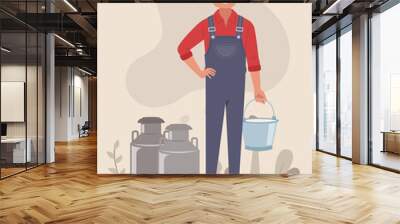 The concept of agriculture. A male farmer holds a bucket of milk. Wall mural