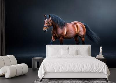 A majestic horse walking confidently in a dimly lit studio, showcasing its strength and elegance in a striking pose. Wall mural