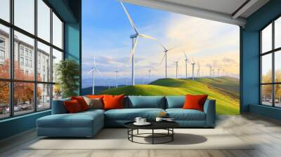 A scenic view of wind turbines on rolling hills under a vibrant sky, highlighting renewable energy and nature's beauty. Wall mural