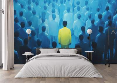 A solitary figure in a vibrant yellow suit stands out in a sea of faceless individuals, symbolizing uniqueness and individuality. Wall mural