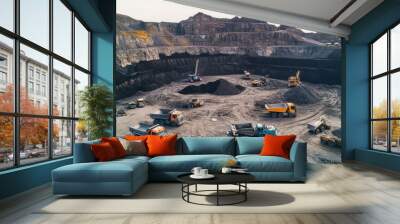 Aerial View of Coal Mining Trucks and Excavators in Open Pit Mine Wall mural