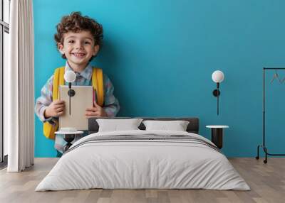 Cheerful boy with backpack smiles happily while holding a book against a vibrant blue wall, perfect for school and education themes. Wall mural