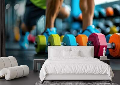 Close-up of colorful dumbbells in a gym, highlighting fitness equipment for strength training and exercise routines. Wall mural