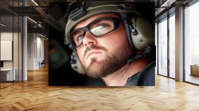 Closeup Portrait of a Soldier Wearing Safety Glasses and a Helmet Wall mural