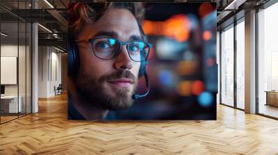 Focused Gamer with Headphones and Glasses Wall mural