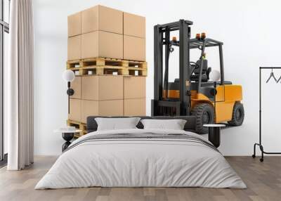 Forklift Lifting Pallet with Cardboard Boxes on White Background Wall mural