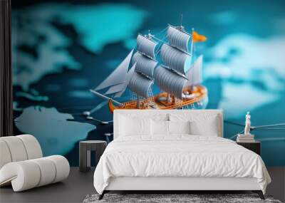 Miniature Ship Sailing on World Map   Global Business Concept Wall mural