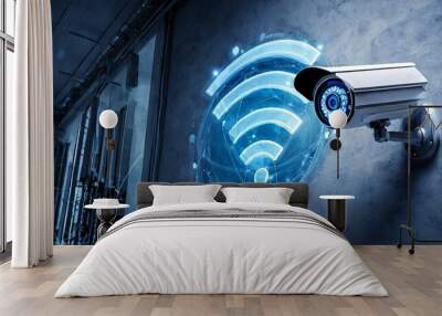 Modern surveillance camera with wireless connection symbol on a concrete wall, symbolizing advanced security technology. Wall mural