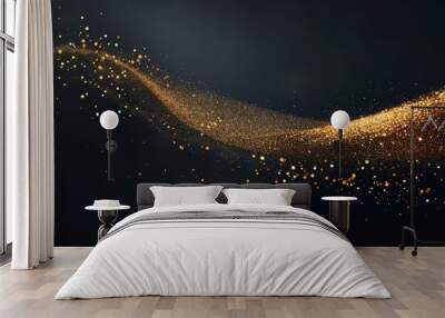 Photorealistic shiny gold glitter dust curve abstract design element on dark background for Christmas greeting card Wall mural