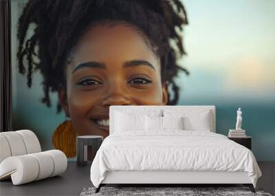 Portrait of a Beautiful Smiling Black Woman with Dreadlocks and Earrings Wall mural