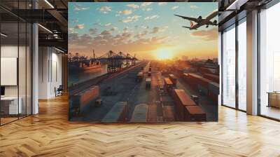 Realistic photo of a logistics hub with a container ship docked, an airplane flying overhead, and global operations Wall mural