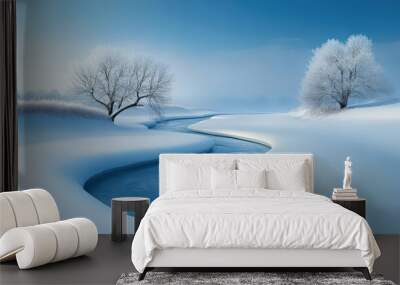 Serene winter landscape with a winding river surrounded by snow-covered trees under a clear blue sky. Wall mural