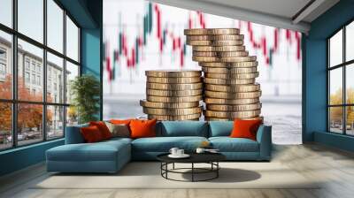 Stacks of Coins with Stock Market Chart in Background Wall mural