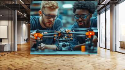 Two Men Examining Drone With Camera in Workshop Wall mural