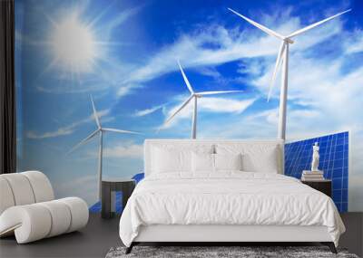 windmil and solar cell panel on blue sky Wall mural