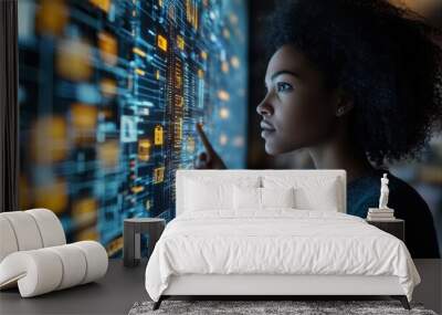 Woman Interacting with Digital Interface   Data  Technology  Innovation   Futuristic Interface Wall mural