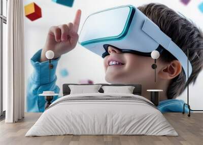 Young Boy Wearing Virtual Reality Headset Experiencing  D World Wall mural