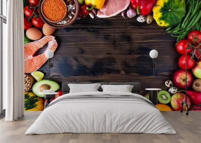 Background healthy food. Fresh vegetables, fruits, meat and fish on wooden table. Healthy food, diet and healthy life concept. Top view, copy space Wall mural