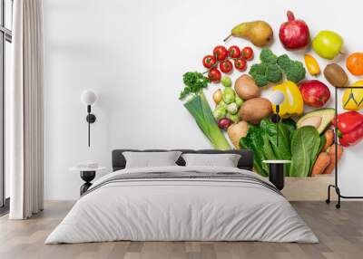 Healthy food background. Healthy food in paper bag vegetables and fruits on white. Food delivery, shopping food supermarket concept Wall mural