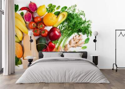 Healthy food background. Healthy vegetarian food in paper bag fruits and vegetables on white background. Shopping food supermarket concept. Long format with copy space Wall mural