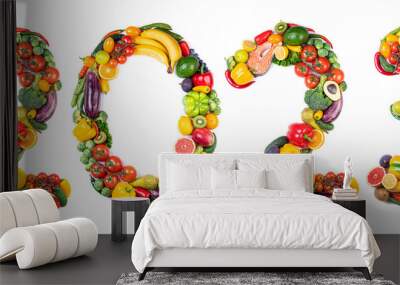 New year 2023 made of fruits and vegetables, fish. Healthy food. New year 2023 food trends. 2023 eating, diet, organic concept Wall mural