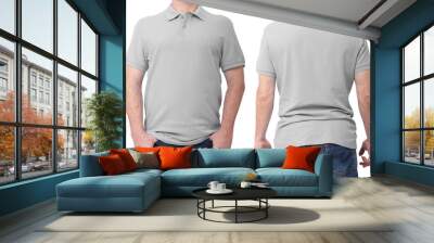 Shirt design and people concept - close up of man in blank grey t-shirt front and rear isolated. Clean empty mock up template for design set. Wall mural