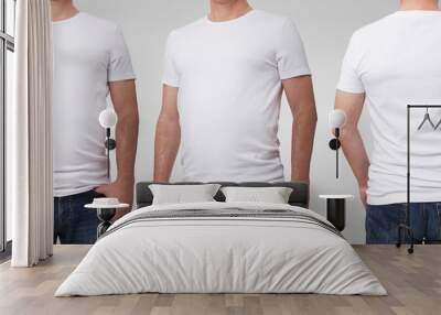 shirt design and people concept - close up of man in blank white t-shirt front and rear isolated. cl Wall mural