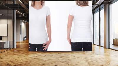 Shirt design and people concept - close up of young woman in blank white tshirt front and rear isolated. Mock up template for design print Wall mural