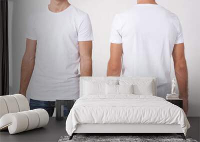 T-shirt design and people concept - close up of young man in blank white t-shirt, shirt, front and rear isolated. Clean shirt mock up for design set. Wall mural