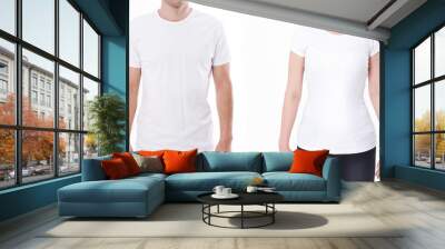 T-shirt design fashion concept, closeup of woman and man in blank white t-shirt, shirt front isolated. Mock up. Wall mural