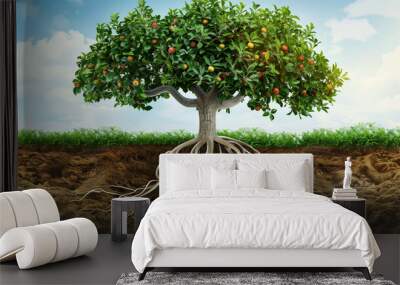 A tree with roots underground, growing apple trees in the ground. Wall mural