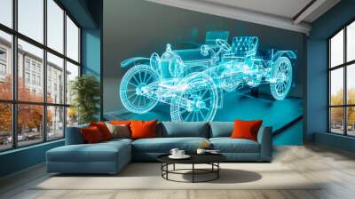 Car 1900s visualization with augmented reality Transparent car in studio drawing in blue colors blueprint glowing neon hologram futuristic show technology security for premium product business finance Wall mural