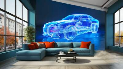 Car visualization with augmented reality Transparent car in studio drawing in blue colors, blueprint glowing neon hologram futuristic show technology security for premium product business finance Wall mural