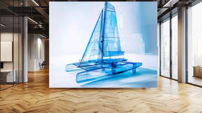 Catamaran visualization with augmented reality Catamaran car in studio drawing in blue colors, blueprint glowing neon hologram futuristic show technology security for premium product business finance Wall mural