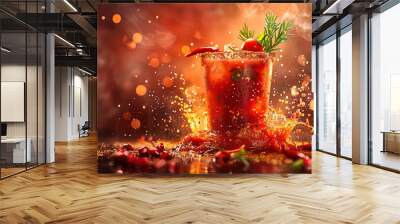 Centered traditional vodka tomato juice bloody mary mix cocktail in salted, rim tumbler garnished by lemon with olive and celery stalk on retro diner bar with blurry stacked glass restaurant Wall mural