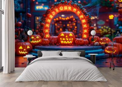 Central empty 3D podium, surrounded by Jack-o'-lanterns and angelic-demonic figures. Cobwebs and spiders adorn the surroundings, with candy placed near wings and horns, all in a light and dark Wall mural