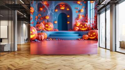 Central empty 3D podium surrounded by Jack-o'-lanterns, black and orange color scheme with purple accents. Bats flutter above, cobwebs and spiders cover the corners, while candy spills around the bas Wall mural