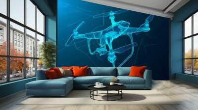 Drone visualization with augmented reality Transparent drone in studio drawing in blue colors. Smart city. Digital transformation. Composite visual with a drone point of view. Mixed media. Wall mural