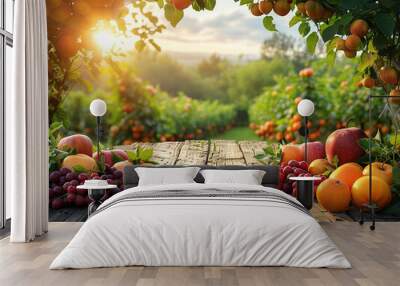 Farm wood nature field fruit table product grass garden background stand green food. Nature wood landscape morning farm outdoor sky podium forest stump beauty sun scene platform view beautiful trunk. Wall mural