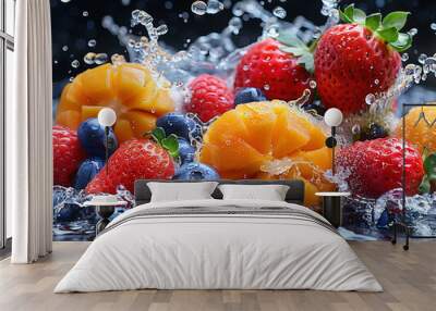 fruit splashing with water and ice on elegant black background Water Splashing on Fresh lychee or litchi with over pink background Wall mural