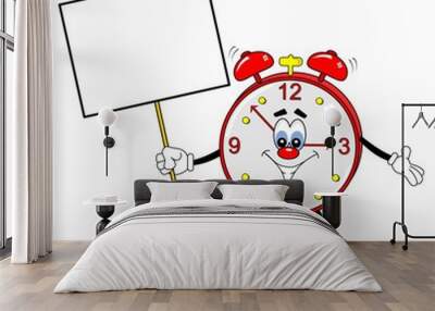 A cartoon alarm clock holding a copy space placard Wall mural