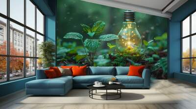 Green Innovation news conception. Light bulb with coins beside and young plant on top concept put on the soil in soft green nature background. Green World Map On The Light Bulb With Wall mural